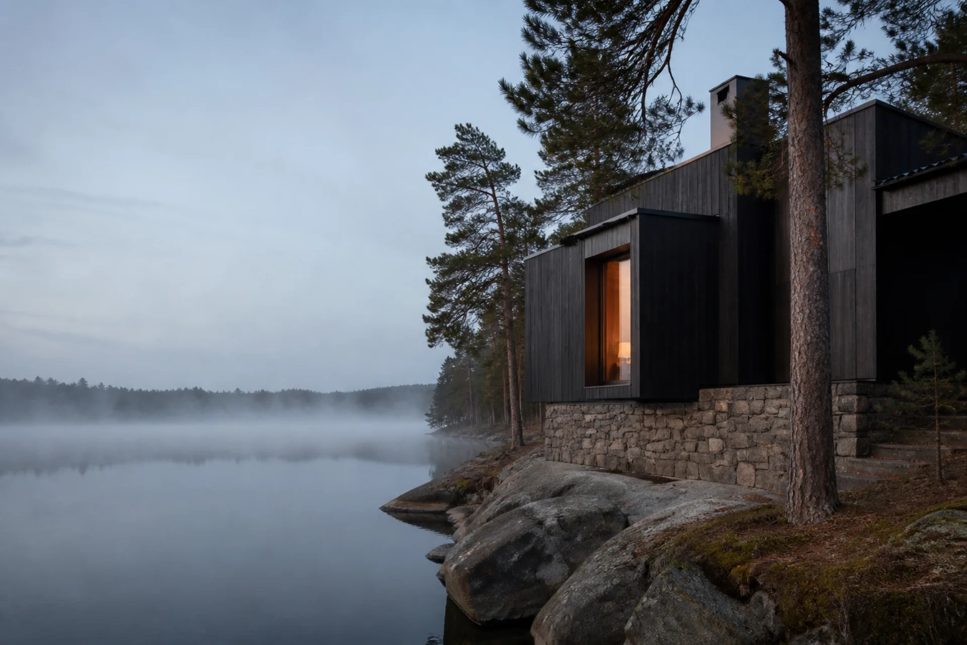 A low, dark-timber cabin beside a misty forest lake at dawn