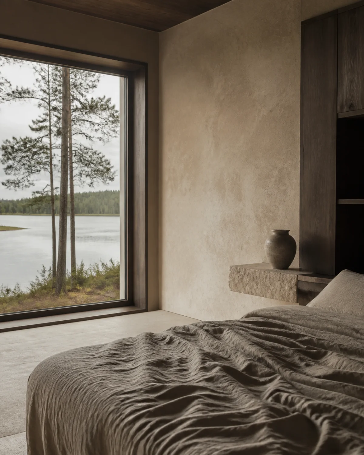 Warm timber bedroom with linen bedding and a large window facing pine trees