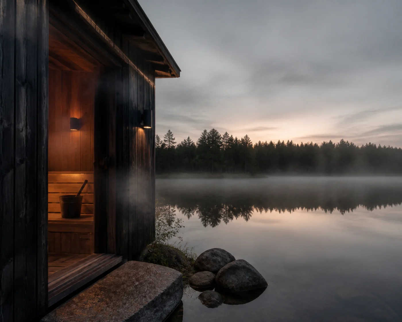 Black-timber sauna glowing beside a still forest lake at dusk